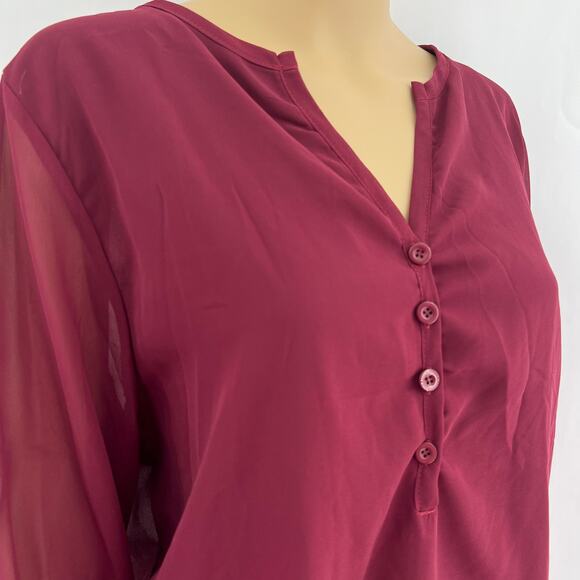 Shein (L) Burgundy Red Sheer Button Back RollTab Long Sleeve Blouse Top - Picture 2 of 10